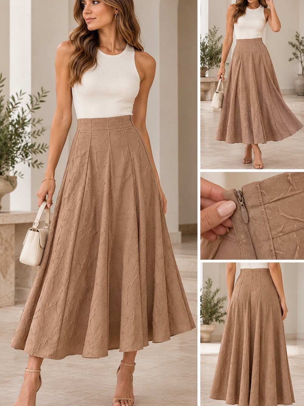 Mulaya Taupe Textured Full Maxi Skirt Size M